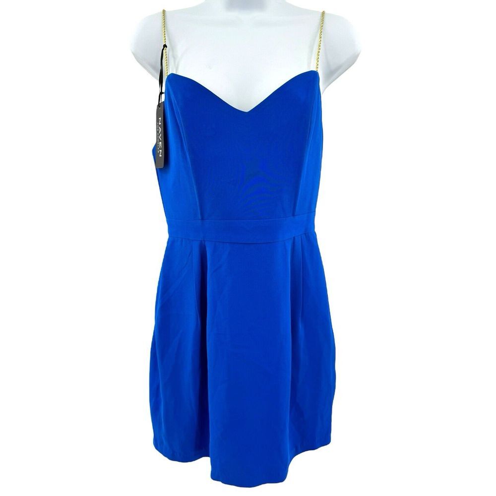 New‎ Naven Royal Blue Gold Braid Straps Sweetheart A Line Mini Dress Size Medium